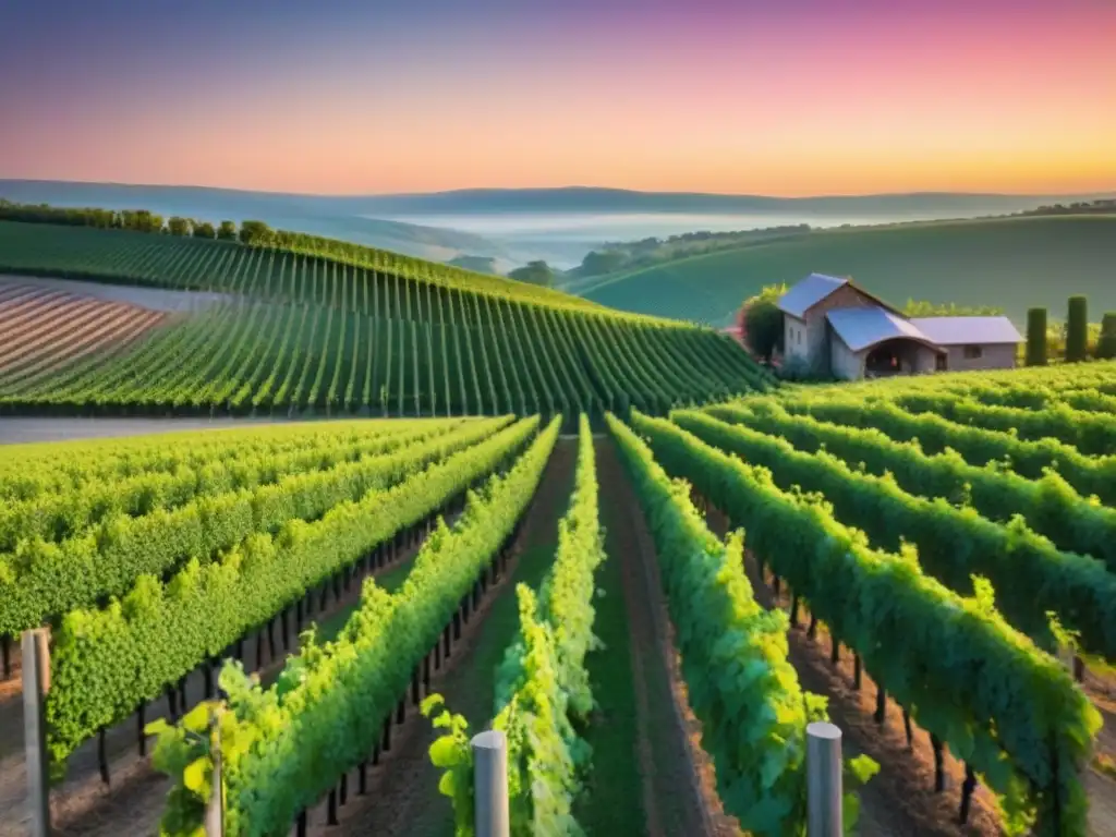 Viñedo al atardecer: belleza en 8k Un viñedo exuberante al atardecer, con coloridas filas de plantas de uva bajo un cielo vibrante
