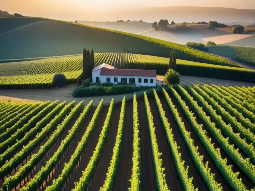 Viñedo próspero al atardecer: inversión exitosa en la industria del vino Un viñedo exuberante al atardecer con filas de viñas, una bodega moderna y luz dorada