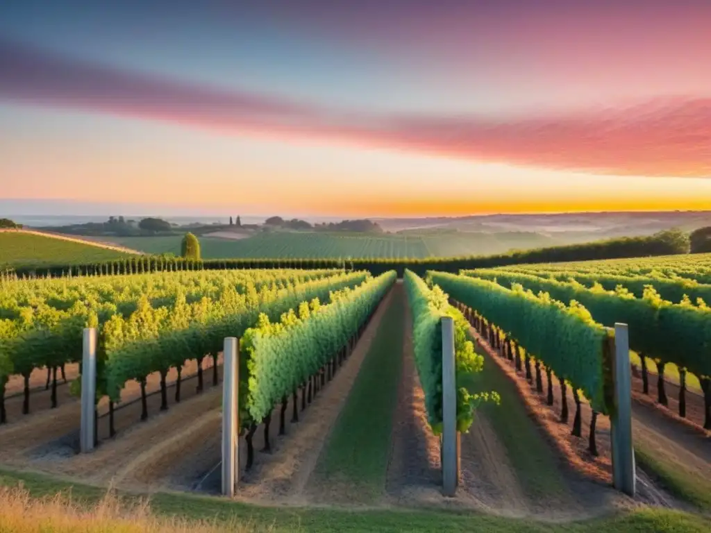 Viñedo al atardecer: naturaleza y sofisticación en inversión vinícola Un viñedo exuberante al atardecer con filas de uvas bajo un cielo anaranjado y rosa