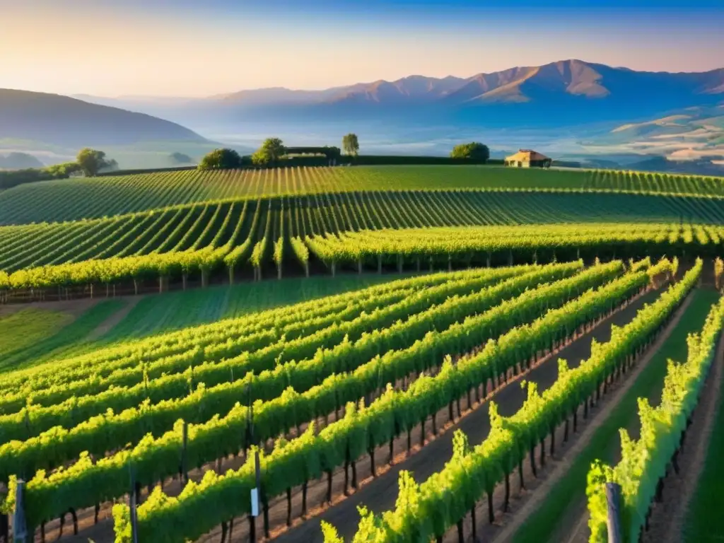 Viñedo al atardecer: belleza y promesa en el mercado del vino Un viñedo exuberante al atardecer, con hileras de uvas y sombras alargadas en la tierra fértil