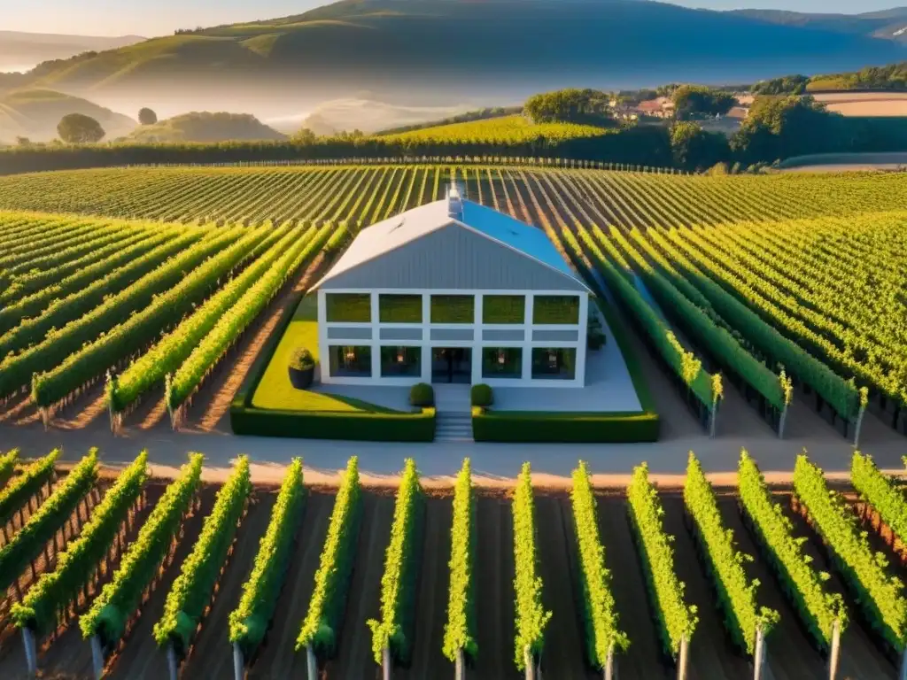 Viñedo de lujo al atardecer: inversión internacional en vinos Un viñedo exuberante al atardecer con hileras de vides, un edificio de bodega moderno y la cálida luz del sol