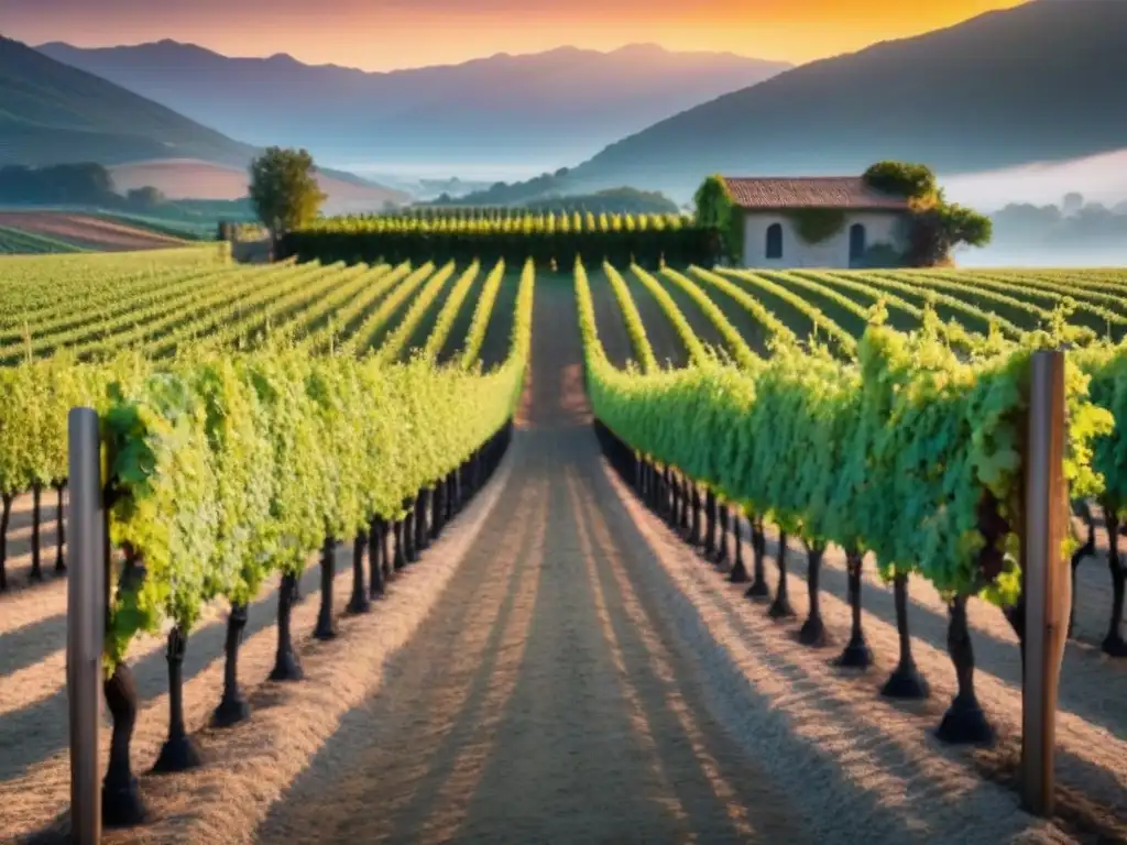 Viñedo exuberante al atardecer: detalle y armonía en la naturaleza Un viñedo exuberante al atardecer con uvas detalladas y una bodega moderna