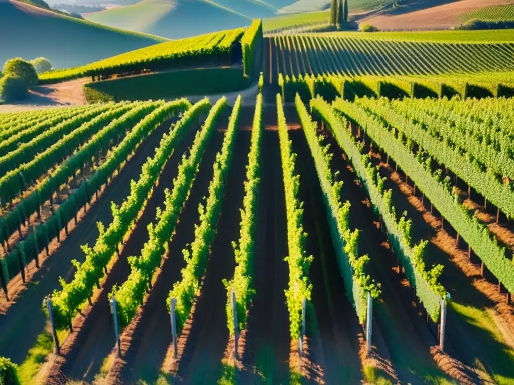 Viñedo expansivo: armonía natural y tecnológica Un viñedo exuberante se extiende bajo un cielo azul, armonizando naturaleza y tecnología en Inversiones en bodegas internacionales