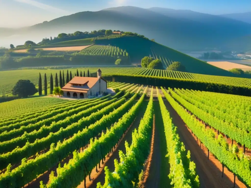 Viñedo de lujo: Inversión en turismo enológico Viñedo exuberante con moderna bodega y turistas disfrutando degustaciones