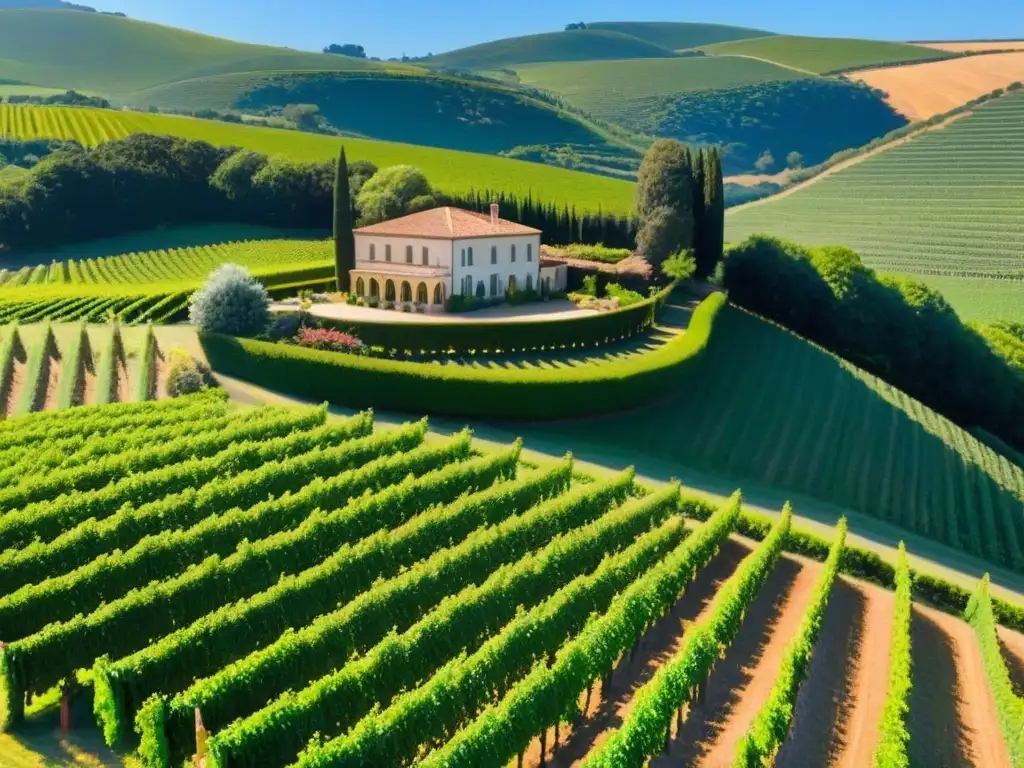 Viñedos exuberantes bajo el sol: belleza y potencial Un viñedo exuberante y sereno en un día soleado, con filas de uvas y una bodega al fondo
