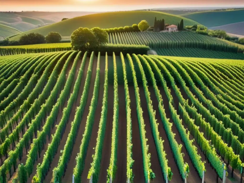 Viñedos dorados al atardecer: inversión en vinos internacionales Un viñedo exuberante bajo el sol poniente, con filas perfectas de uvas y una bodega elegante al fondo