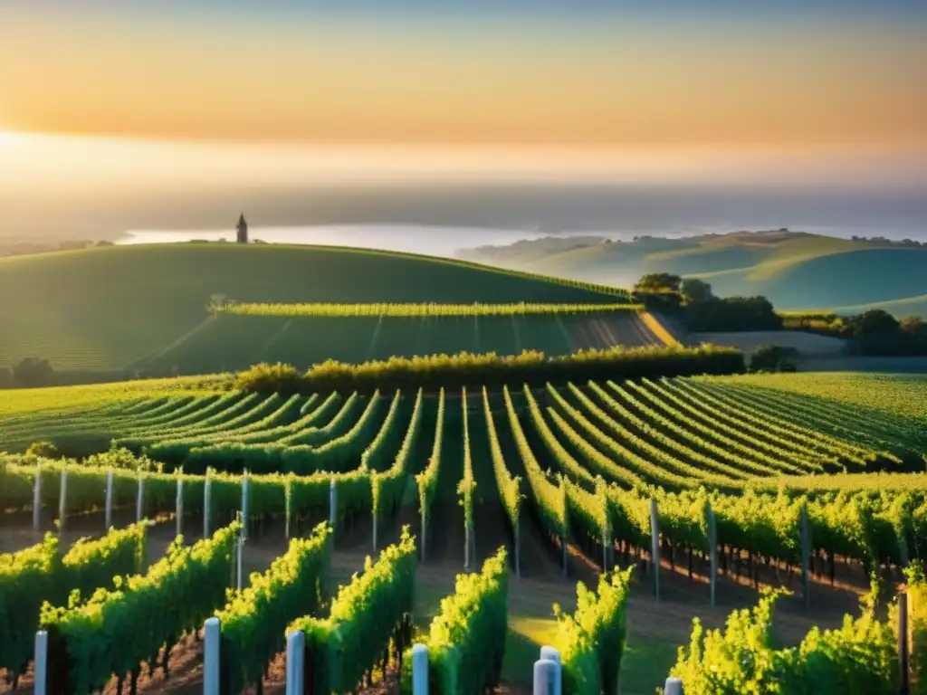 Viñedos modernos: armonía entre naturaleza y tecnología Un viñedo inmaculado se extiende en colinas al atardecer, fusionando naturaleza y tecnología