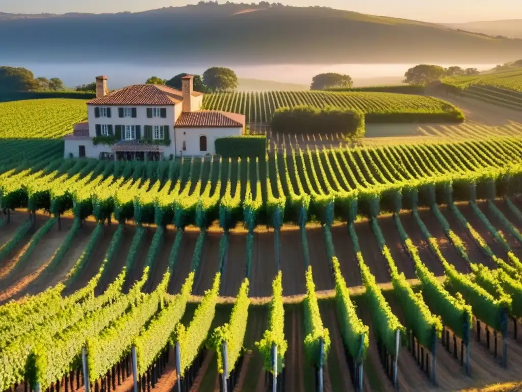 Viñedo internacional de lujo al atardecer con moderna bodega Viñedo internacional al atardecer con moderna bodega y filas de viñedos alineados
