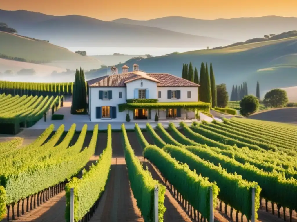Viñedo de lujo al atardecer: inversión exclusiva en armonía natural Un viñedo internacional de lujo al atardecer, con viñas ordenadas y una bodega moderna