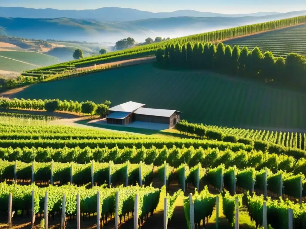 Viñedo de lujo: un oasis de elegancia y promesa Un viñedo organizado con filas perfectas de vides verdes bajo el cielo azul