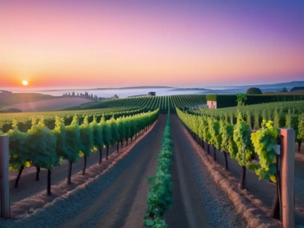 Viñedo de ensueño al atardecer: destino turístico de éxito Un viñedo pintoresco al atardecer, con filas de vides verdes bajo un cielo rosa, morado y naranja