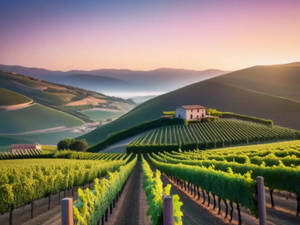 Viñedo dorado al atardecer: inversión exitosa en campo de uvas Un viñedo pintoresco al atardecer con hileras de uvas verdes en colinas doradas