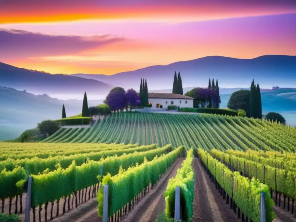 Viñedo pintoresco al atardecer: belleza dorada Un viñedo pintoresco al atardecer con hileras verdes de vides bajo un cielo vibrante