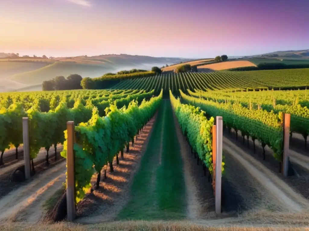 Viñedo al atardecer: belleza y elegancia en la naturaleza Un viñedo pintoresco al atardecer, con hileras de uvas verdes bajo un cielo cálido