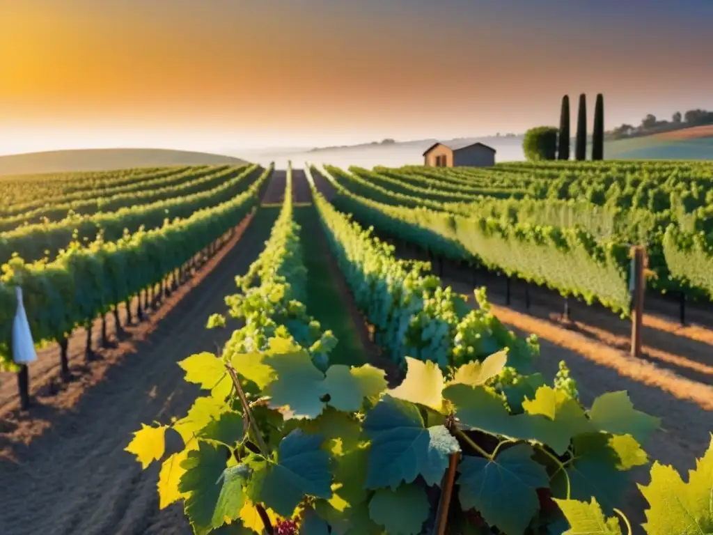 Viñedo dorado al atardecer: tradición e innovación en la vinicultura Un viñedo pintoresco al atardecer con hileras de uvas verdes, reflejando la inversión vinícola internacional tendencias