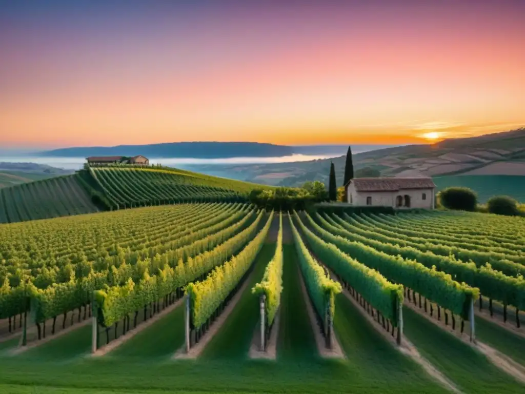 Viñedo de ensueño al atardecer: elegancia y prosperidad Un viñedo pintoresco al atardecer, simbolizando la importancia para inversionistas internacionales