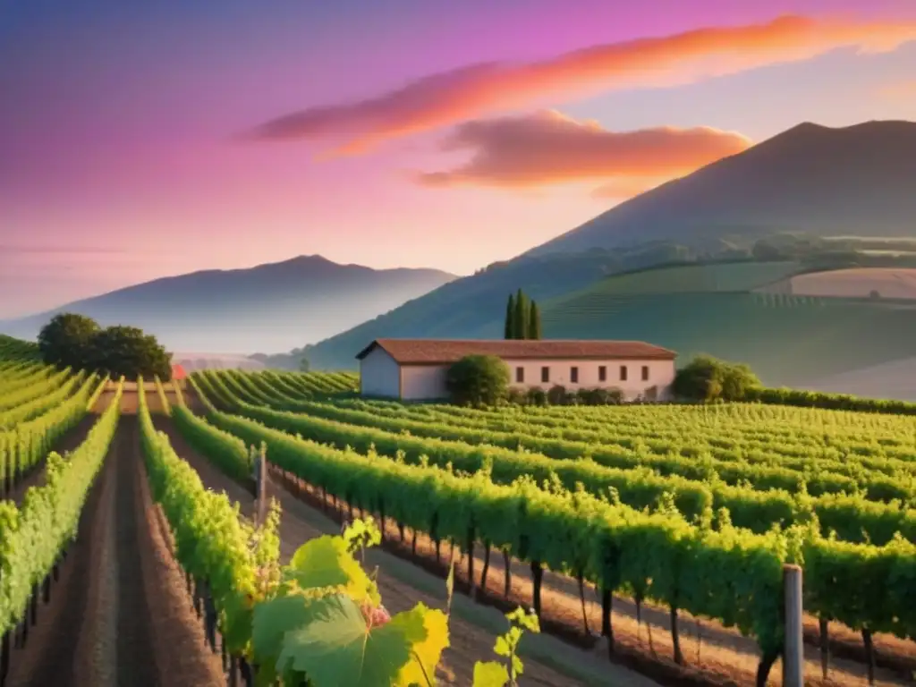 Viñedo al atardecer: paisaje 8k de ensueño Un viñedo pintoresco al atardecer con viñedos verdes bajo un cielo rosado, morado y naranja