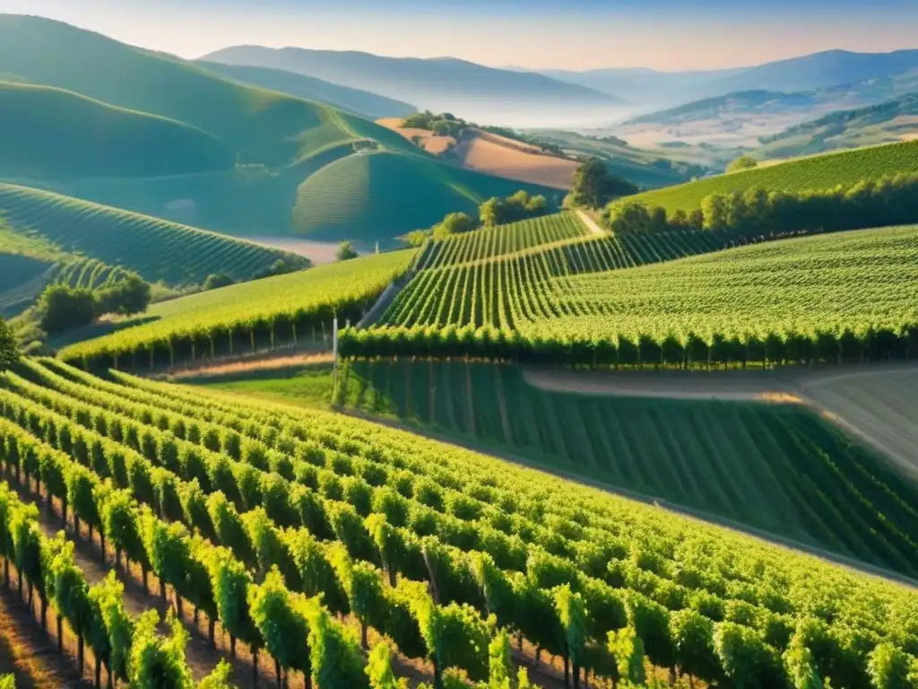 Viñedo de ensueño: belleza natural y excelencia agrícola en acción Un viñedo pintoresco entre colinas, bañado por la cálida luz dorada