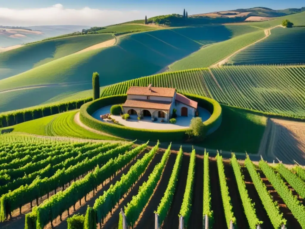 Viñedo idílico entre colinas: tradición y modernidad en el turismo del vino Un viñedo pintoresco entre colinas, con hileras de vides verdes contrastando con el suelo
