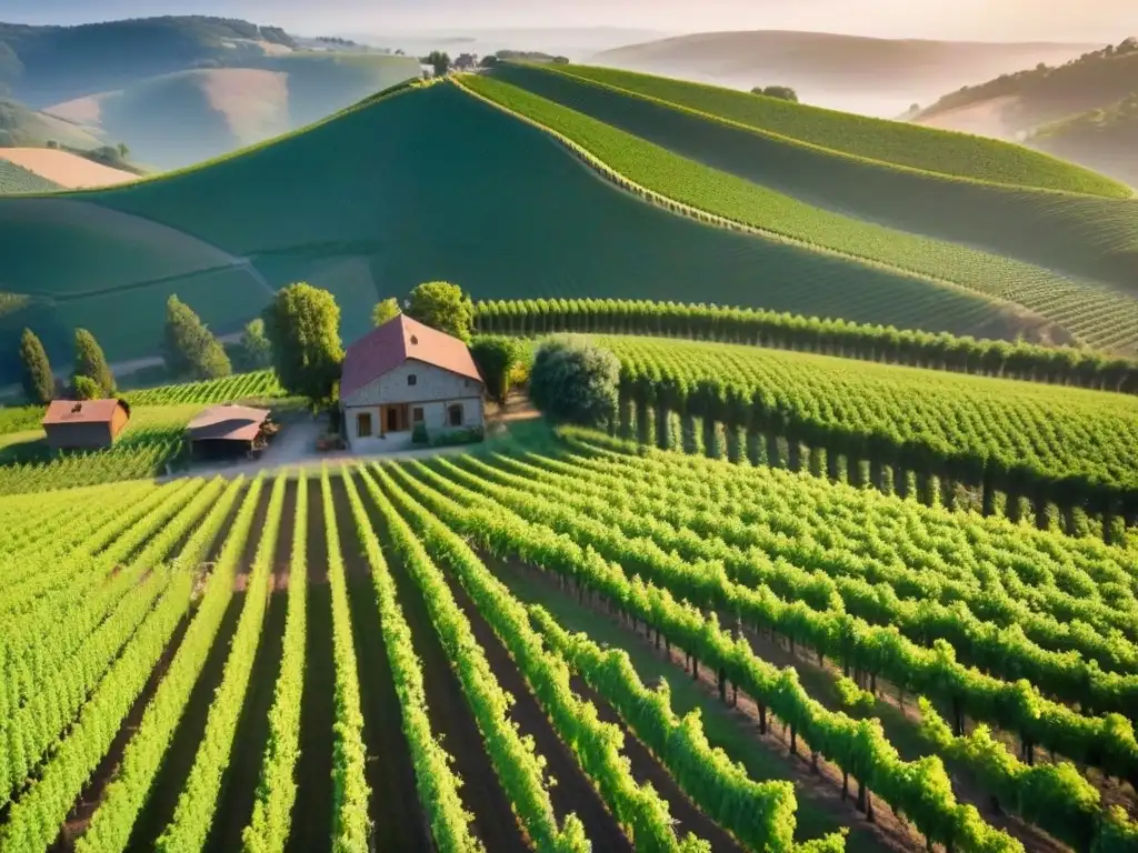 Viñedos dorados al atardecer con bodega moderna Un viñedo próspero al atardecer, con trabajadores cosechando uvas