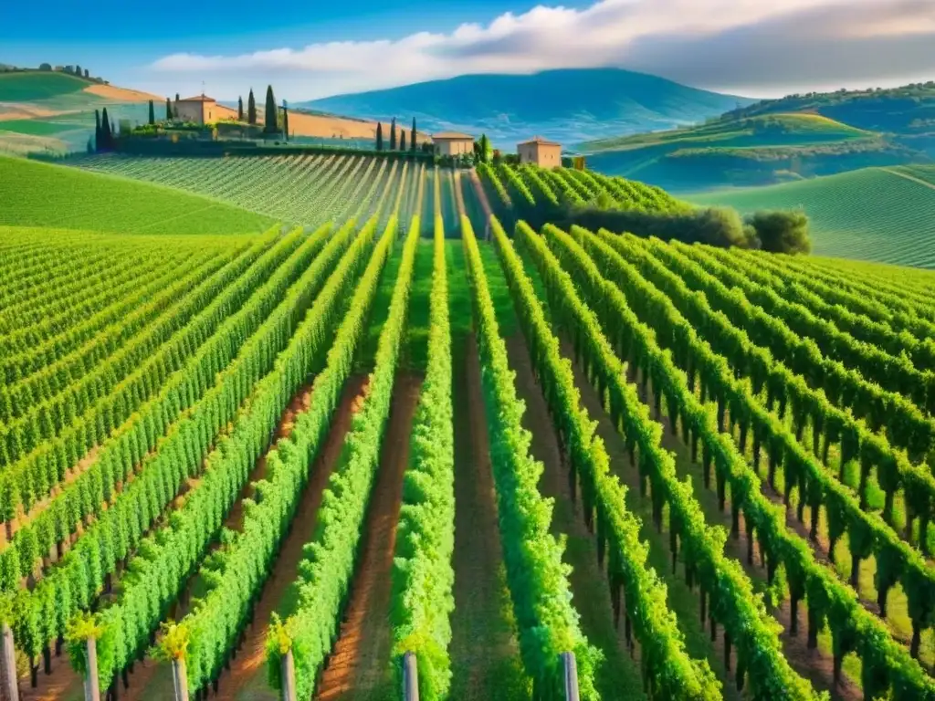 Viñedos de Toscana: Esplendor en Italia Un viñedo soleado en Toscana, Italia, con filas de verdes viñas en perfecta simetría