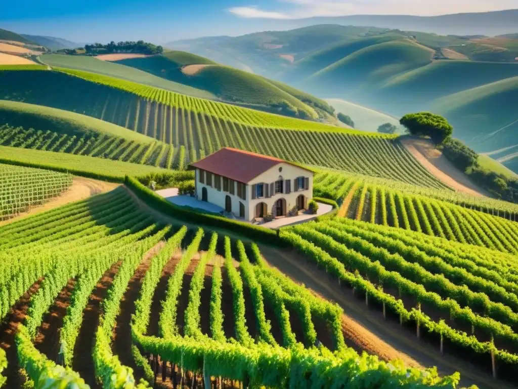 Viñedos de lujo: moderna bodega entre colinas verdes Un viñedo verde exuberante en colinas, con una bodega moderna al sol