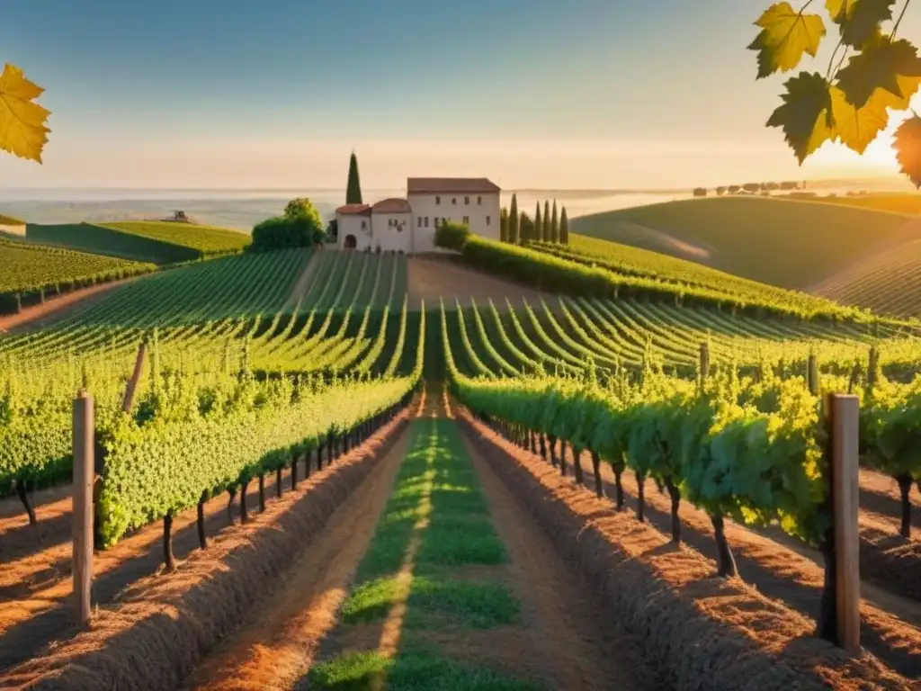 Viñedo dorado al atardecer: detalle en 8k Viñedos como inversión internacional: Viñedo exuberante al atardecer con filas de uvas y bodega moderna