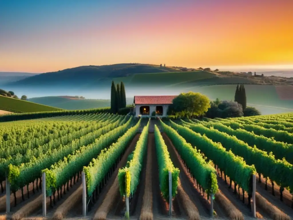 Viñedo de lujo al atardecer: inversión internacional Invertir en viñedos internacionales rentables: Atardecer dorado en viñedo de lujo con moderna bodega y filas de uvas vibrantes