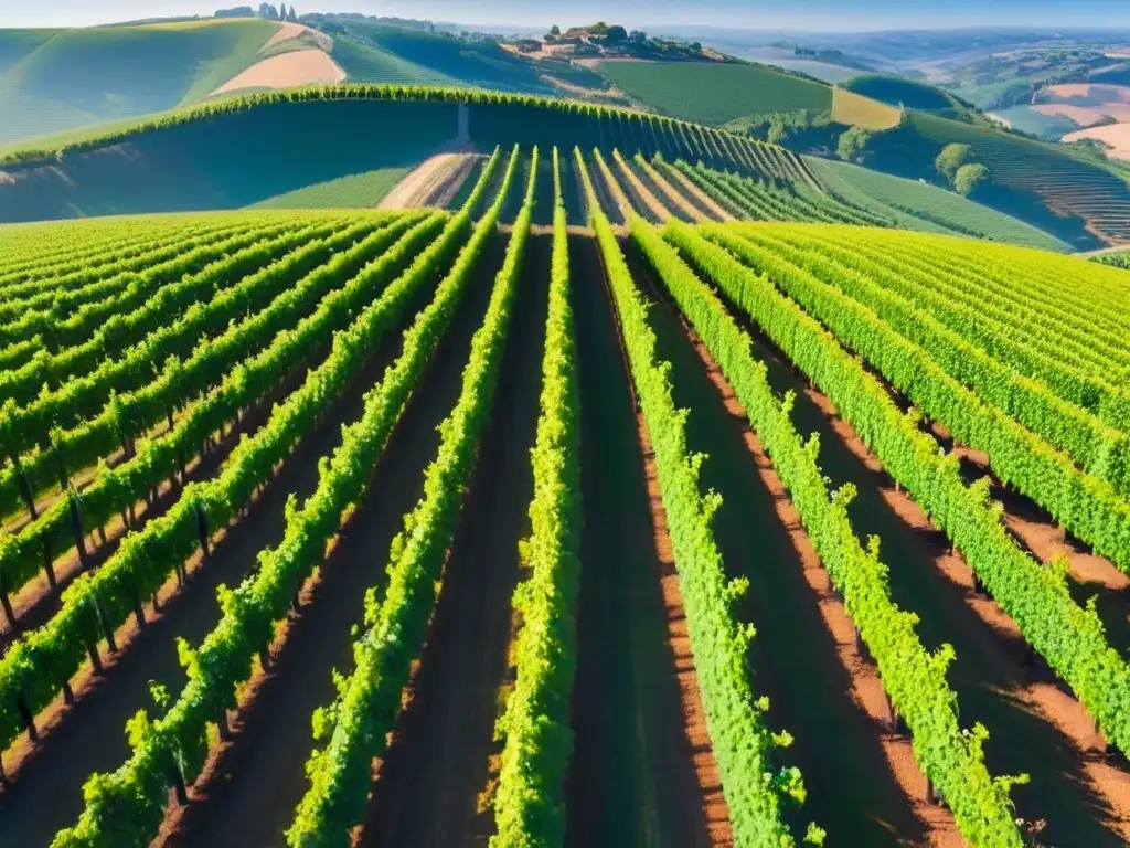 Viñedos exuberantes: inversión rentable en el extranjero Invertir en viñedos internacionales rentables: viñedos exuberantes bajo cielo azul, filas de uvas verdes en colinas