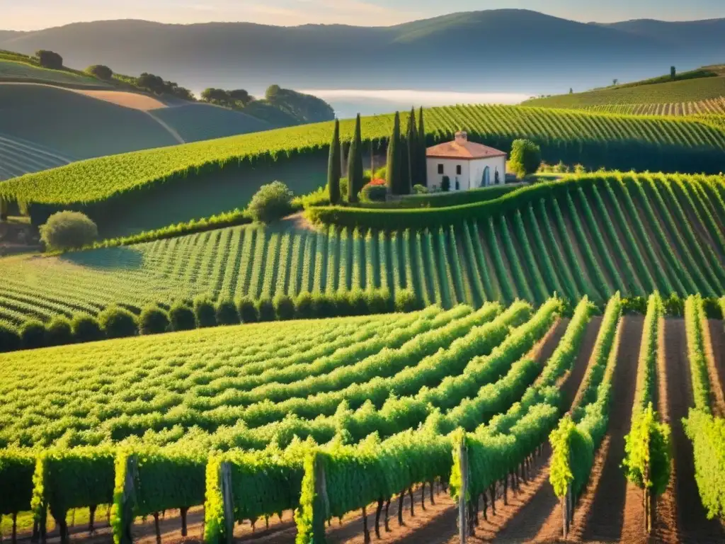Viñedos terrazados al atardecer: inversión internacional exitosa Invertir en viñedos internacionales rentables: Viñedos terrazados bajo el sol dorado del atardecer, una bodega imponente al fondo