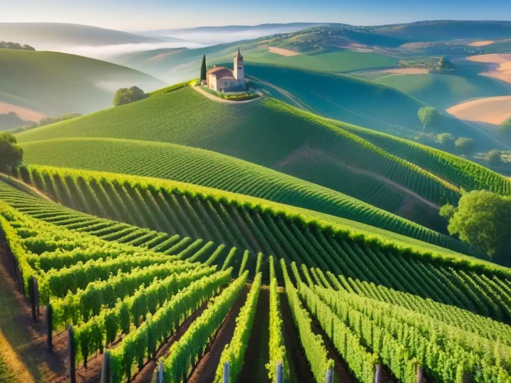 Viñedos prósperos en valle idílico: esplendor internacional Invertir en viñedos internacionales rentables: Viñedos verdes bajo el sol, con bodega moderna al fondo