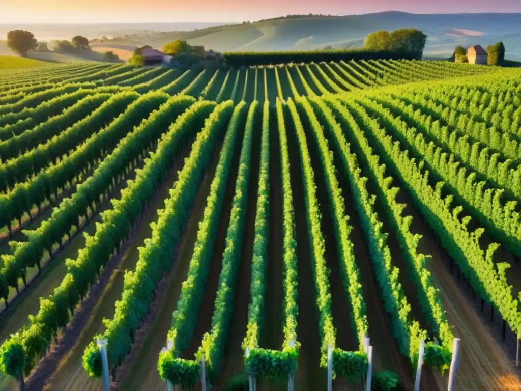 Viñedos dorados: belleza y rentabilidad internacional Invertir en viñedos internacionales rentables: Vista aérea impresionante de viñedos exuberantes con uvas moradas y bodega moderna al fondo