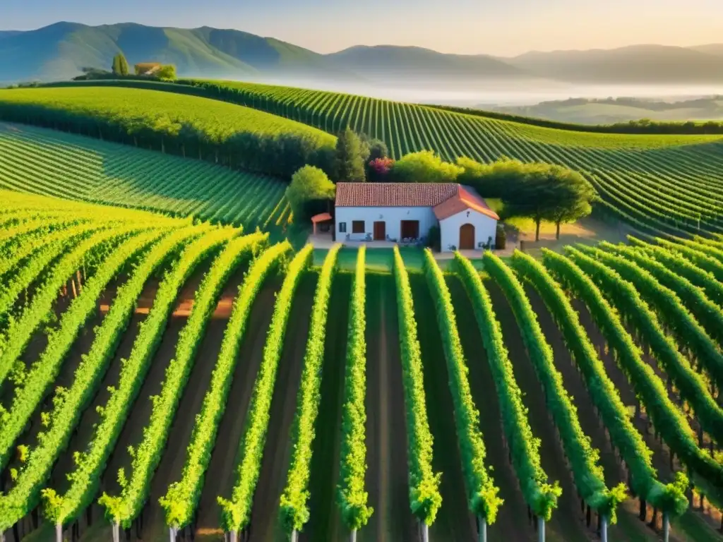 Viñedos exquisitos: un mar verde de promesas enológicas Invertir en viñedos internacionales rentables: vista aérea impresionante de viñedos verdes y ordenados, bañados por la cálida luz del sol