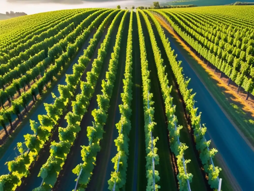 Viñedos verdes bajo el sol: belleza y éxito en la industria del vino Invertir en viñedos internacionales rentables: vista aérea de viñedos verdes bajo cielo azul