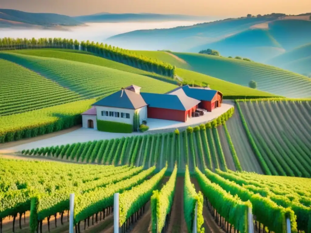 Viñedos exuberantes y moderna bodega: sinónimo de lujo y rentabilidad Invertir en viñedos internacionales rentables: Vista aérea impresionante de viñedos verdes bajo el sol, con bodega moderna al fondo