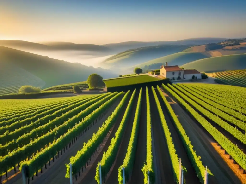 Viñedos verdes al amanecer: belleza natural y arquitectura moderna Invertir en viñedos internacionales riesgos: majestuosos viñedos bañados por la luz del amanecer, con un diseño moderno de bodega al fondo