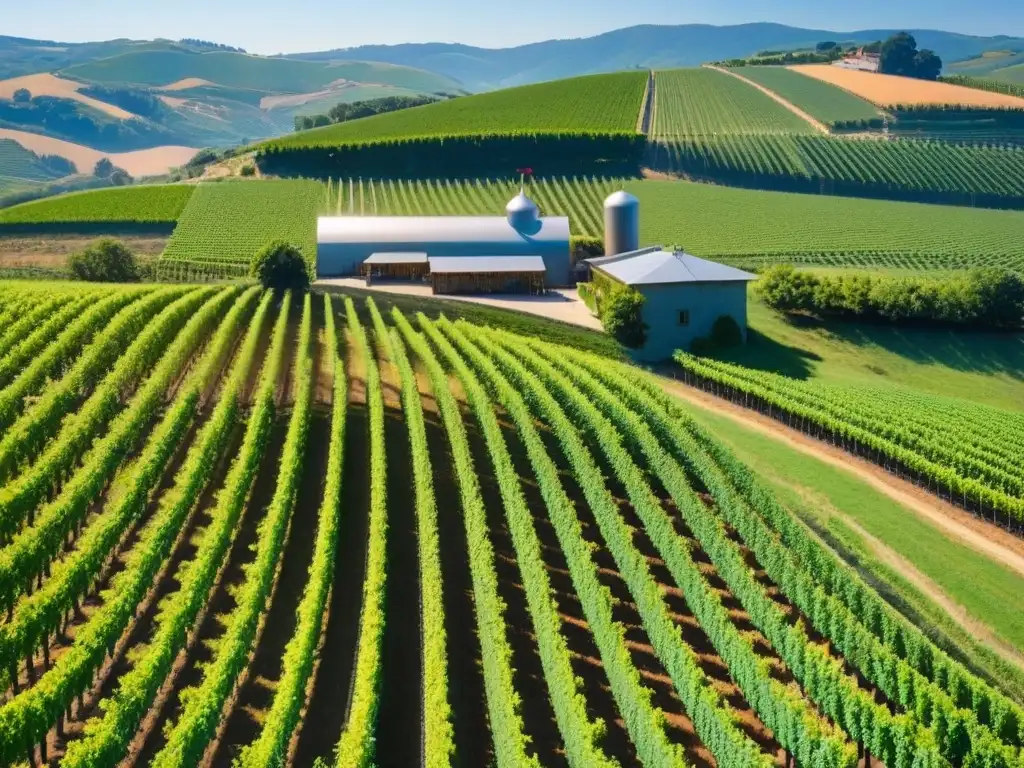 Viñedo impresionante: inversión prometedora en un entorno natural y moderno Invertir en viñedos internacionales riesgos: Un viñedo vasto y ordenado con viñas verdes bajo el sol, y una bodega moderna en el fondo