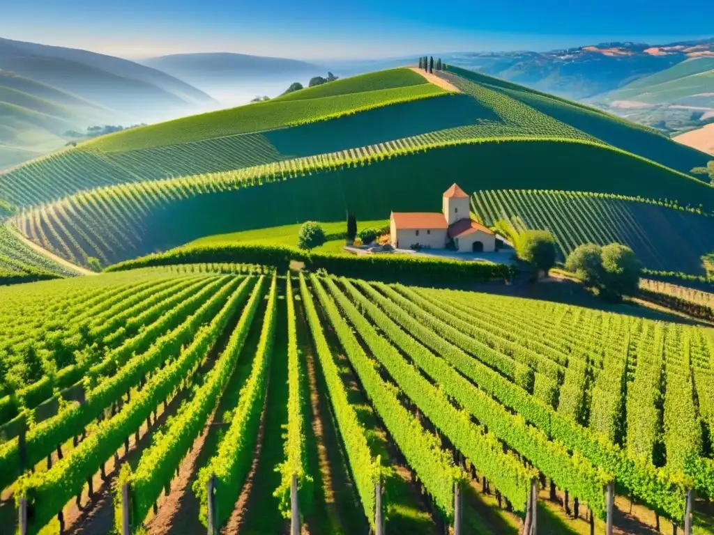 Viñedos exuberantes bañados por el sol: inversión en vinos Invertir en viñedos internacionales riesgos: Viñedos verdes bajo cielo azul, sol brillante en hojas de uva