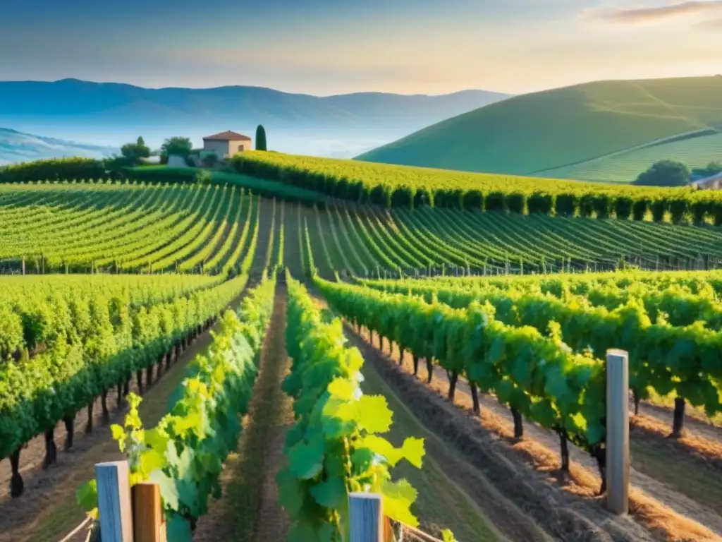 Viñedo dorado al atardecer: belleza y serenidad Inversión en viñedos internacionales: viñedo escénico al atardecer, con hileras de vides verdes bajo el cálido sol dorado