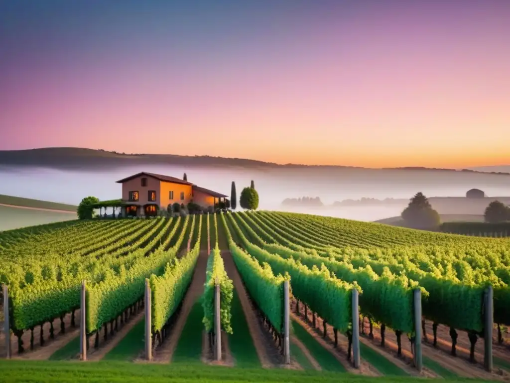 Paisaje de viñedo al atardecer: lujo y encanto en 8k Inversión en viñedos internacionales: Viñedo pintoresco al atardecer con moderna bodega y cielo de tonos cálidos y vibrantes