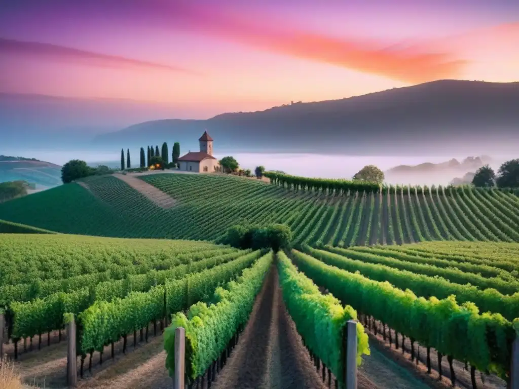 Viñedos al atardecer: belleza y tradición en inversiones internacionales Invertir en viñedos internacionales: atardecer en viñedos con colores vibrantes y viñedos perfectamente alineados hacia una bodega antigua