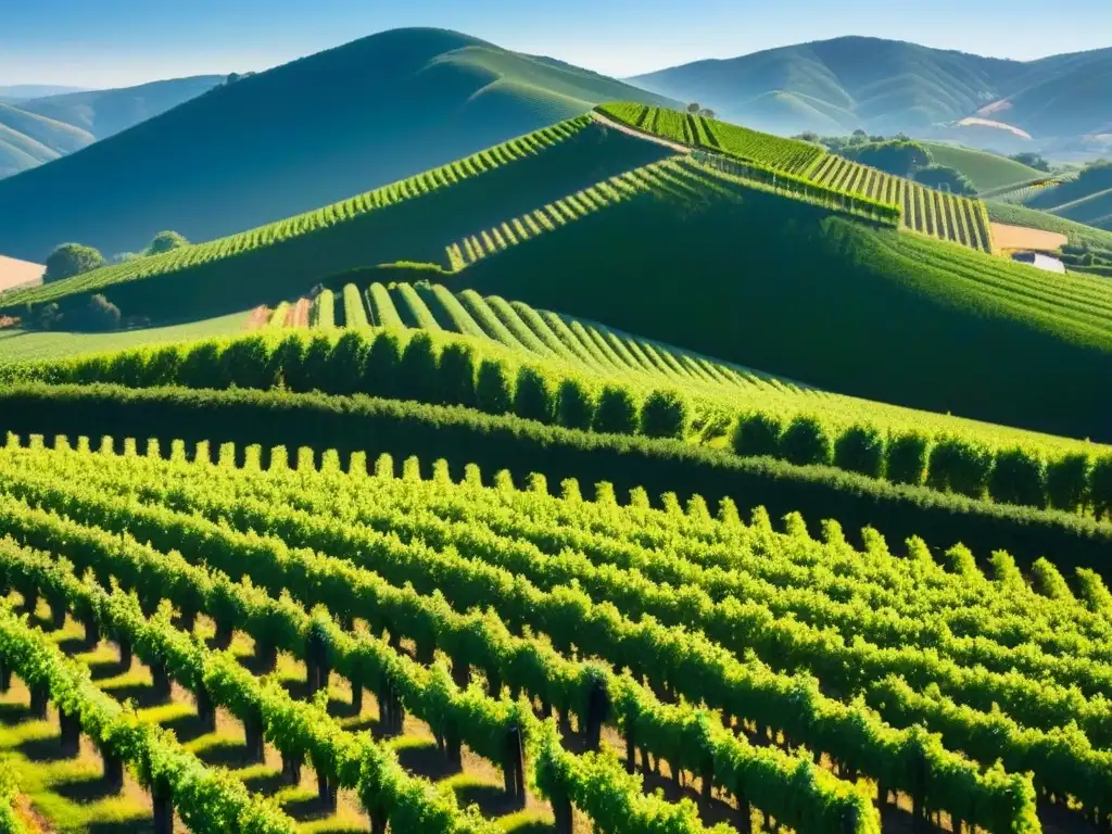 Viñedos dorados y moderna bodega entre colinas verdes Inversión en viñedos internacionales: Viñedos exuberantes bajo el sol dorado, con sombras largas y viñedos verdes vibrantes