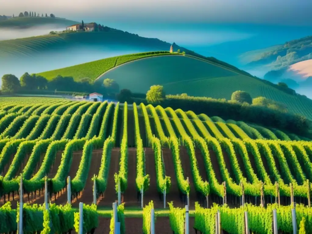Viñedos perfectamente alineados: fusión tradición e innovación Vinedos internacionales: Vista aérea impresionante de viñedos ordenados en colinas, con bodega moderna al fondo