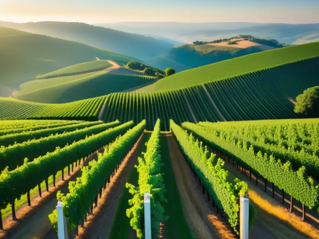 Viñedos exquisitos: inversión sofisticada y próspera Inversión en viñedos internacionales: Vista aérea impresionante de viñedos ordenados en colinas doradas