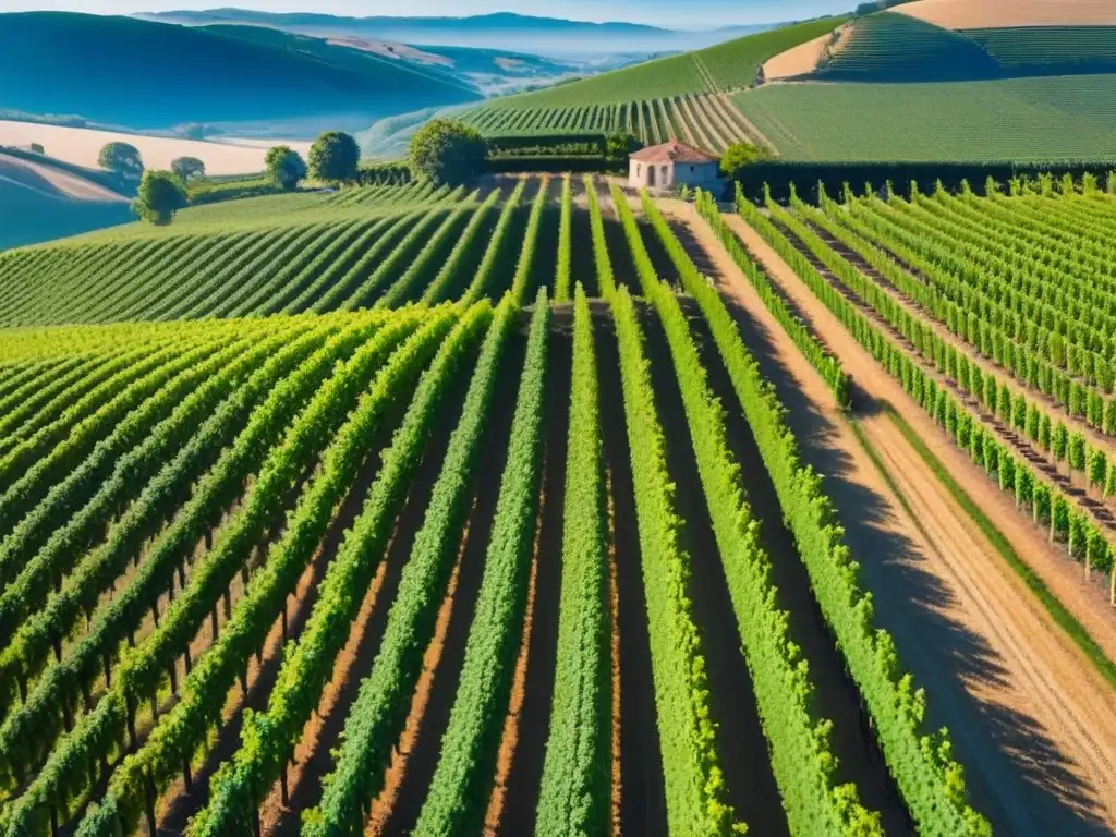 Viñedos exuberantes en una bodega internacional próspera Viñedos como inversión internacional: Viñedos verdes bajo el sol, trabajadores cosechando uvas en bodega rústica