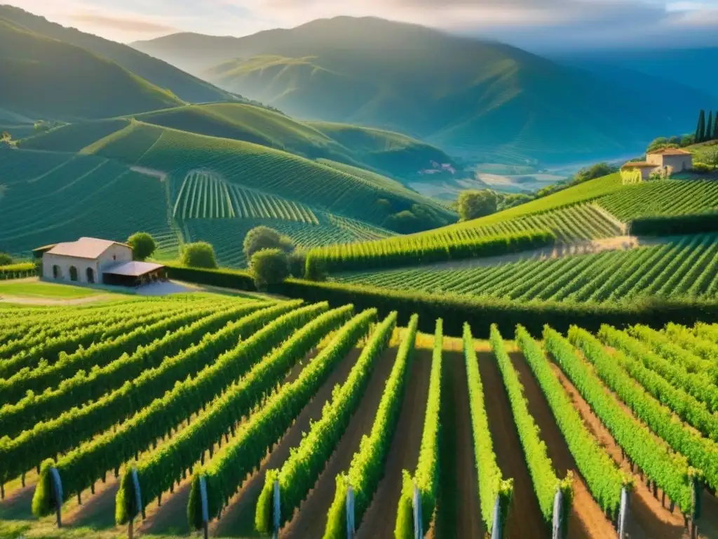 Viñedos exuberantes y bodega encantadora en valle dorado Viñedos como inversión internacional: Vista aérea detallada de viñedos exuberantes bañados por la luz dorada en un valle pintoresco