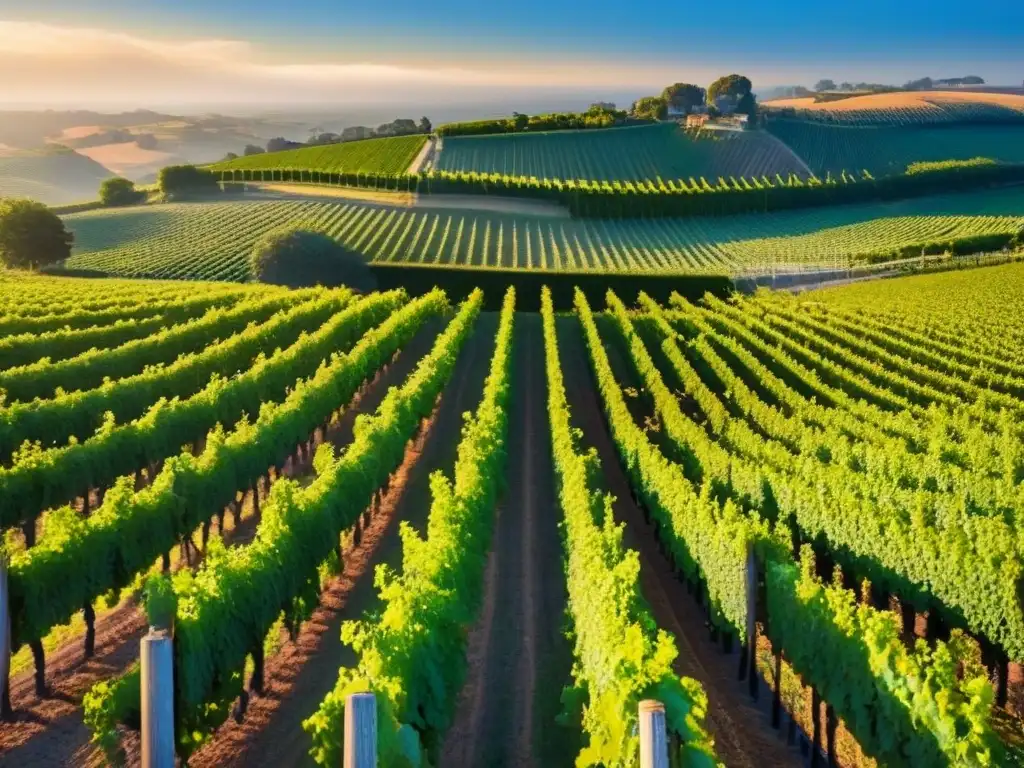 Viñedo internacional en atardecer dorado: inversión próspera Viñedos como inversión internacional: Vista panorámica de un exuberante viñedo al atardecer, bañado por la cálida luz dorada