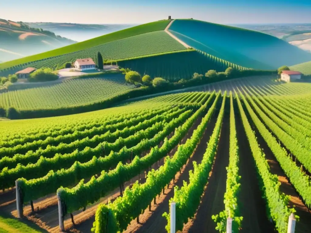 Viñedos en Armonía: Vista Aérea 8K de Elegante Bodega Solar Viñedos como inversión internacional: Vista aérea de viñedos exuberantes en colinas, con bodega moderna al fondo