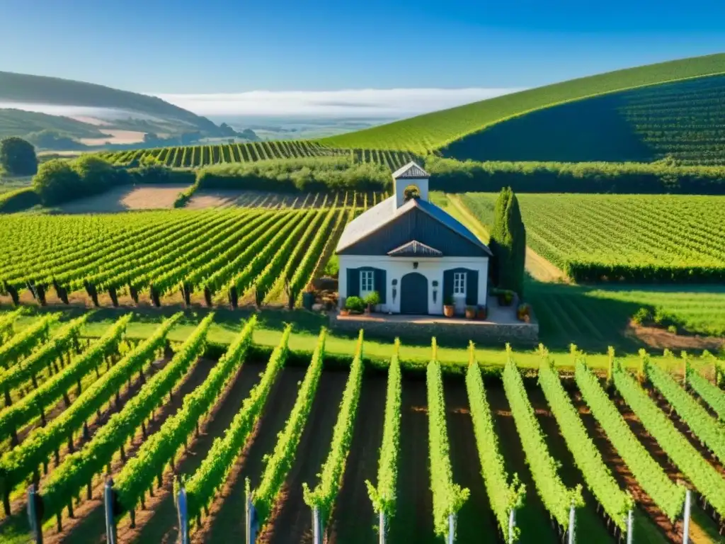 Viñedos exuberantes: inversión en armonía y prosperidad Vinedos verdes bajo cielo azul, bodega al fondo