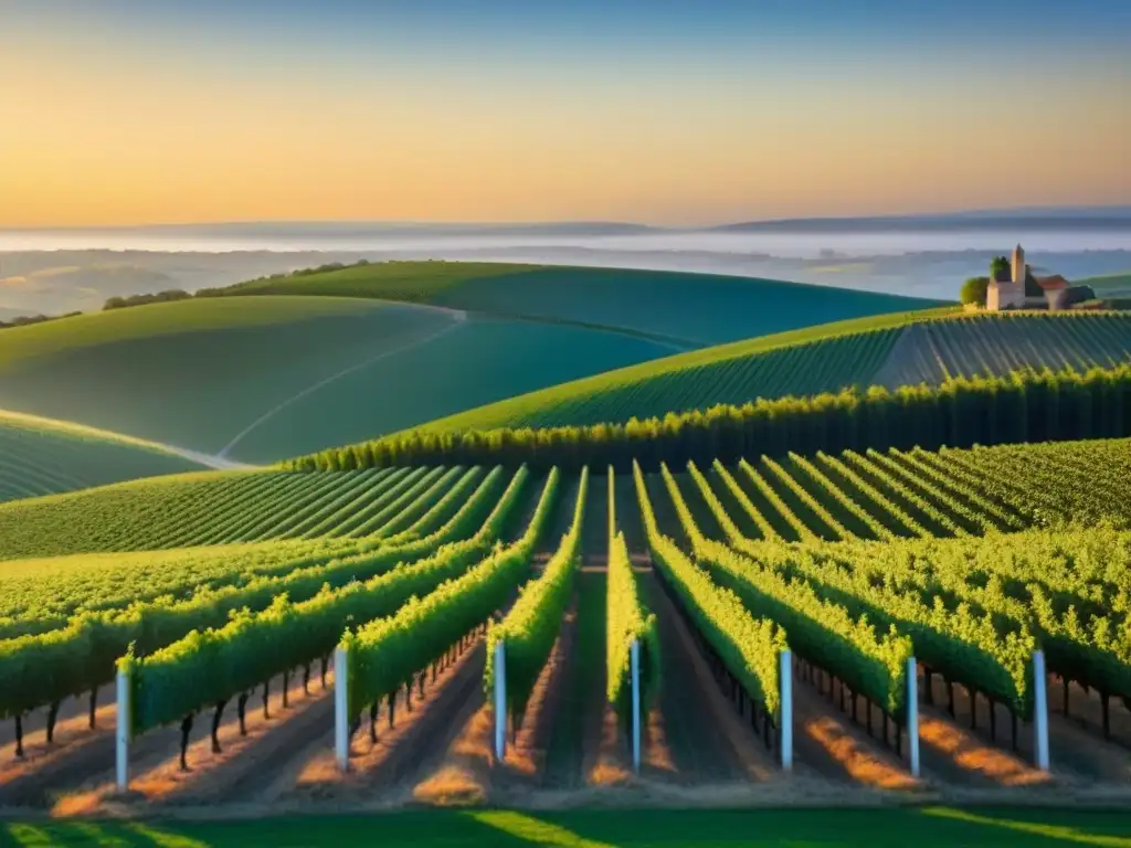 Viñedos de lujo al atardecer: inversión sofisticada en la naturaleza Vinedos verdes y exuberantes bajo el sol poniente con una bodega moderna